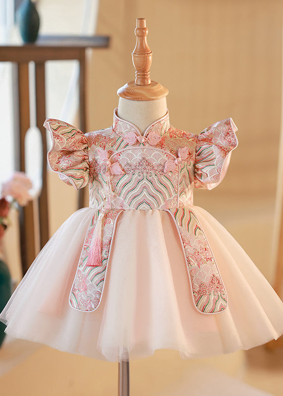 Cute Pink Stand Collar Button Tulle Patchwork Kids Maxi Dresses Short Sleeve YG012 ABC