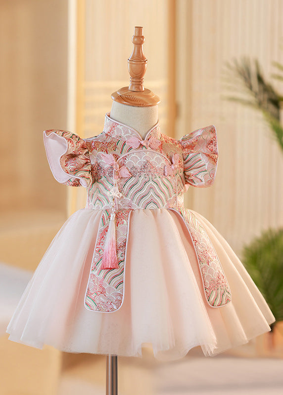 Cute Pink Stand Collar Button Tulle Patchwork Kids Maxi Dresses Short Sleeve YG012 ABC