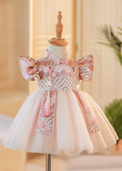 Cute Pink Stand Collar Button Tulle Patchwork Kids Maxi Dresses Short Sleeve YG012 ABC