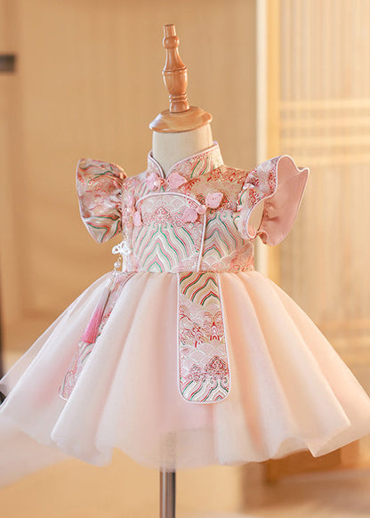 Cute Pink Stand Collar Button Tulle Patchwork Kids Maxi Dresses Short Sleeve YG012 ABC