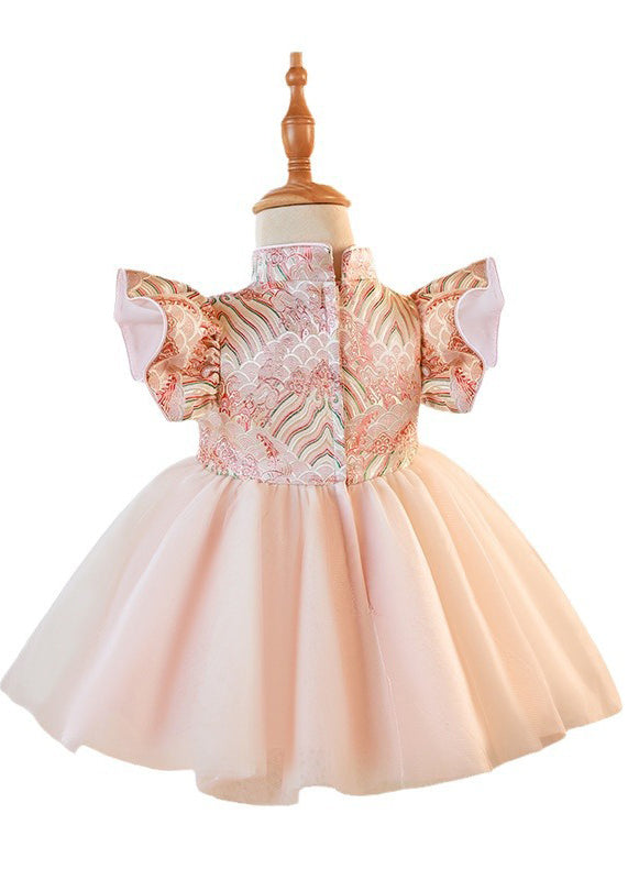 Cute Pink Stand Collar Button Tulle Patchwork Kids Maxi Dresses Short Sleeve YG012 ABC