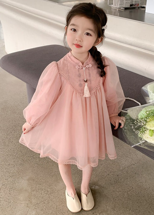 Cute Pink Stand Collar Tulle Kids Girls Dress Long Sleeve XZ057 FALL-MM-RCTZ-FDGL240618