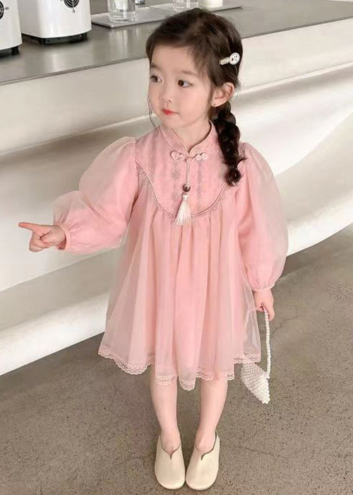 Cute Pink Stand Collar Tulle Kids Girls Dress Long Sleeve XZ057 FALL-MM-RCTZ-FDGL240618