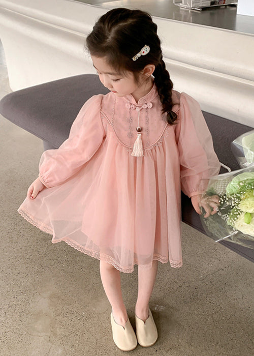 Cute Pink Stand Collar Tulle Kids Girls Dress Long Sleeve XZ057 FALL-MM-RCTZ-FDGL240618