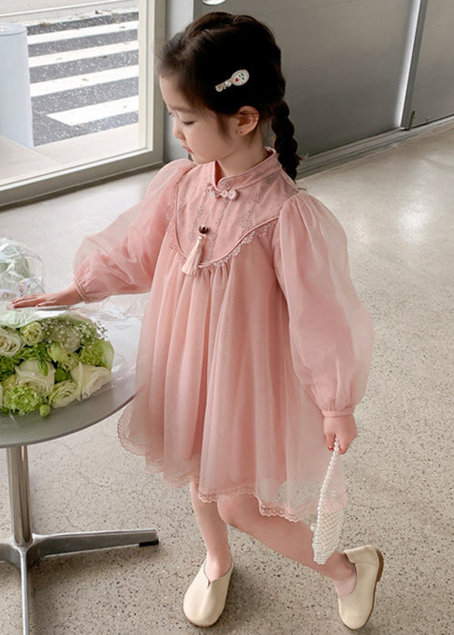 Cute Pink Stand Collar Tulle Kids Girls Dress Long Sleeve XZ057 FALL-MM-RCTZ-FDGL240618