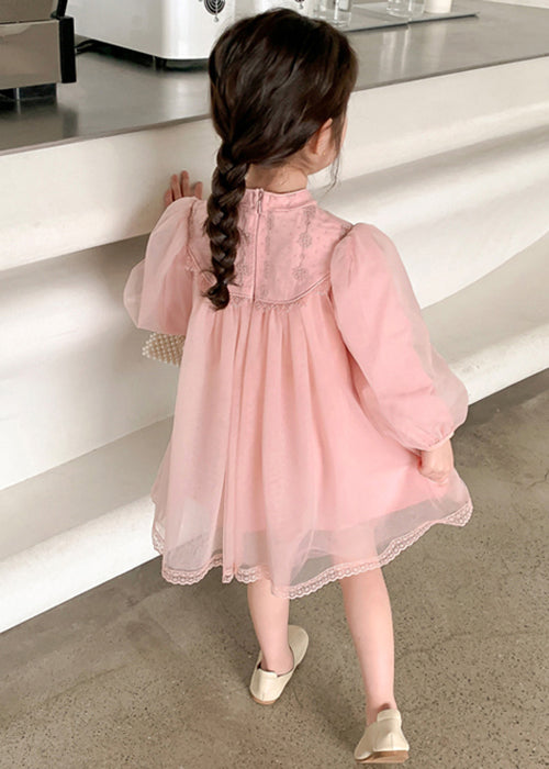 Cute Pink Stand Collar Tulle Kids Girls Dress Long Sleeve XZ057 FALL-MM-RCTZ-FDGL240618