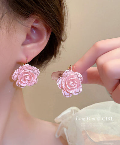 Cute Pink Sterling Silver Alloy Rose Resin Hoop Earrings YX012 ABC