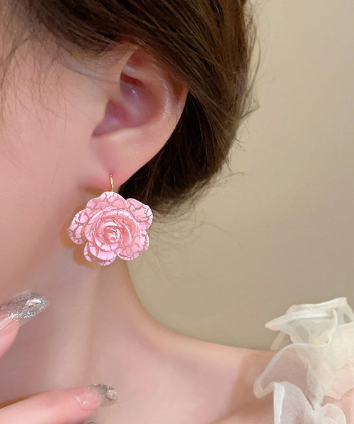 Cute Pink Sterling Silver Alloy Rose Resin Hoop Earrings YX012 ABC