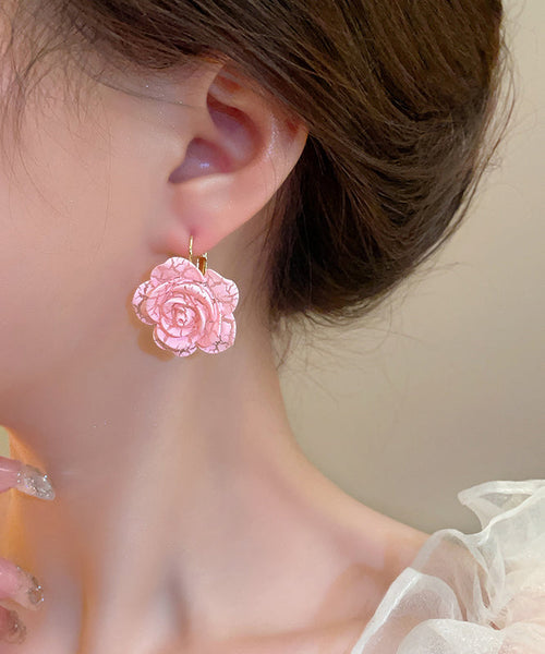 Cute Pink Sterling Silver Alloy Rose Resin Hoop Earrings YX012 ABC