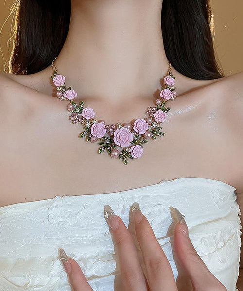 Cute Pink Sterling Silver Alloy Zircon Pearl Floral Pendant Necklace RA008 ABC