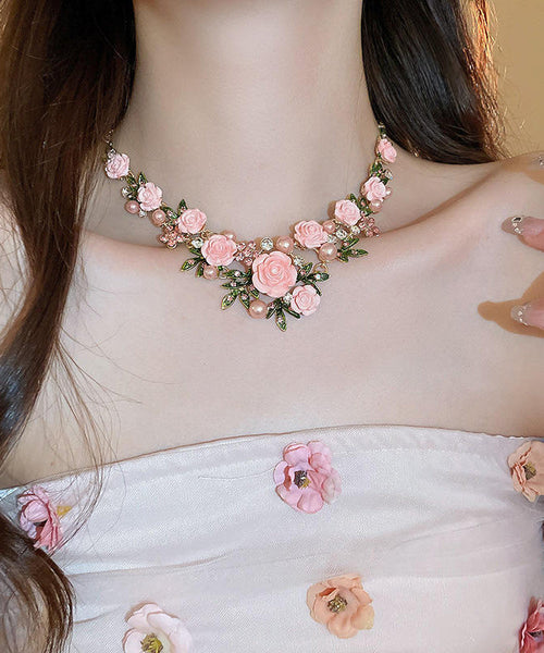 Cute Pink Sterling Silver Alloy Zircon Pearl Floral Pendant Necklace RA008 ABC