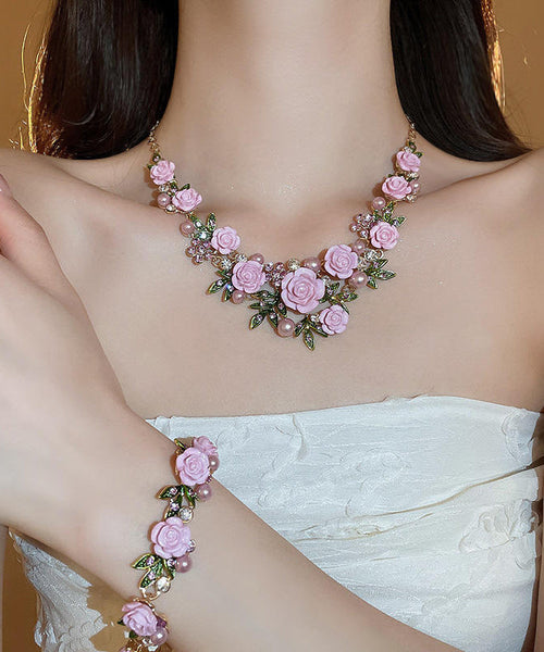 Cute Pink Sterling Silver Alloy Zircon Pearl Floral Pendant Necklace RA008 ABC