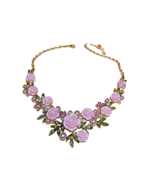 Cute Pink Sterling Silver Alloy Zircon Pearl Floral Pendant Necklace RA008 ABC