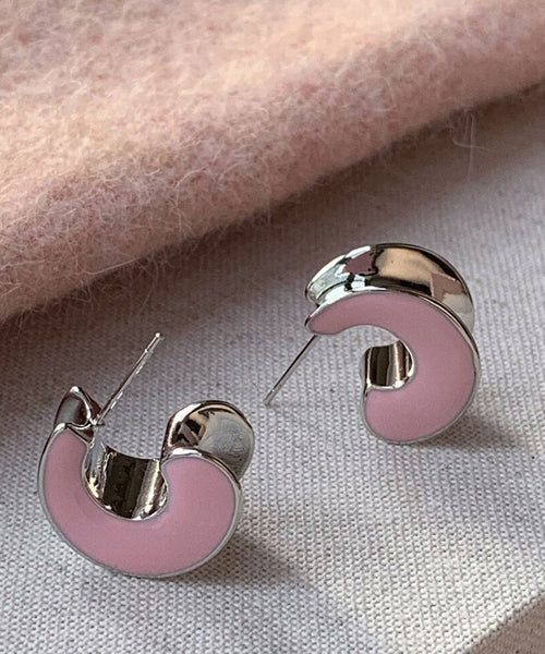 Cute Drip Sterling C-Shaped Glaze Pink Silver Earrings Hoop FashionChic