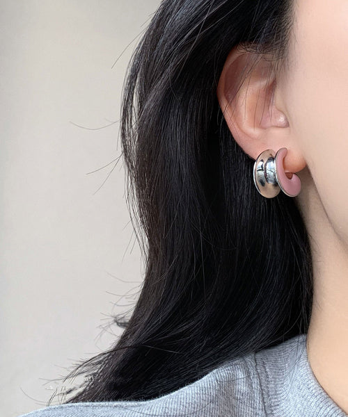 Cute Drip Sterling C-Shaped Glaze Pink Silver Earrings Hoop FashionChic