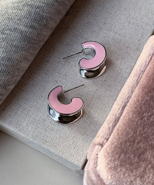 Cute Drip Sterling C-Shaped Glaze Pink Silver Earrings Hoop FashionChic