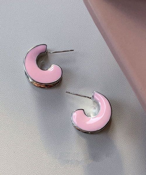 Cute Drip Sterling C-Shaped Glaze Pink Silver Earrings Hoop FashionChic