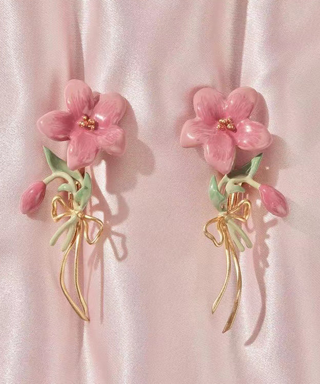 Cute Pink Sterling Silver Overgild Floral Drop Earrings PO074 JEW-EAR240729