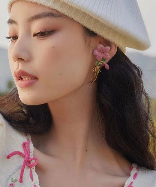 Cute Pink Sterling Silver Overgild Floral Drop Earrings PO074 JEW-EAR240729