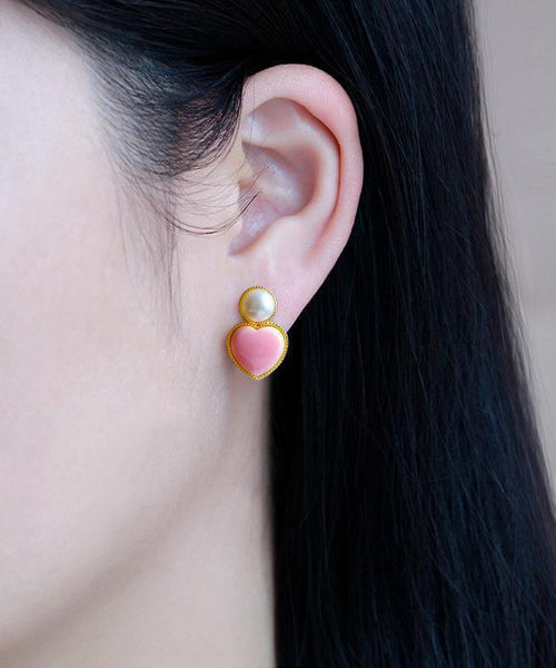 Cute Pink Sterling Silver Overgild Love Pearl Stud Earrings TX036