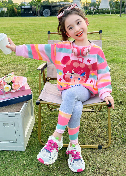 Cute Pink Striped Print Girls Top And Pants Two Pieces Set Spring TR031 ABC