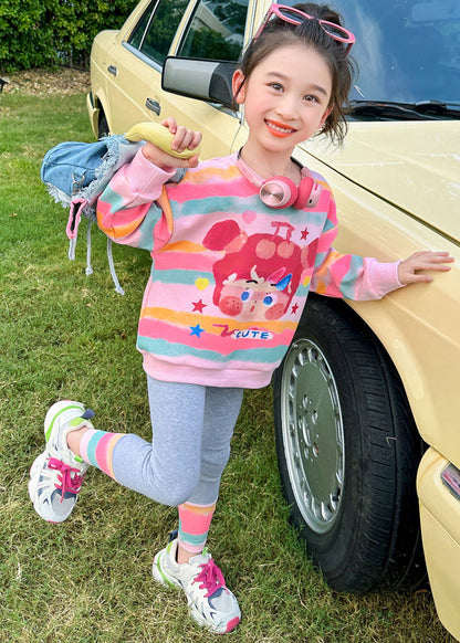 Cute Pink Striped Print Girls Top And Pants Two Pieces Set Spring TR031 ABC