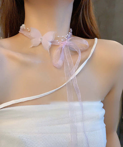 Zircon Pearl Cute Necklace Butterfly Tulle Pink Princess FashionChic