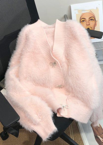 Cute Pink V Neck Button Mink Hair Knitted Cardigan Winter RP005 ABC
