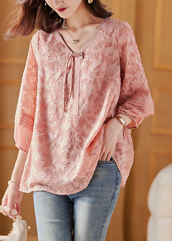 Cute Pink V Neck Chiffon Tops Bracelet Sleeve WW043 OL-LTP240812