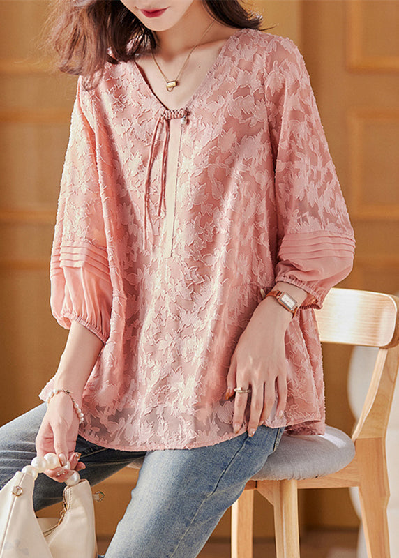 Cute Pink V Neck Chiffon Tops Bracelet Sleeve WW043 OL-LTP240812