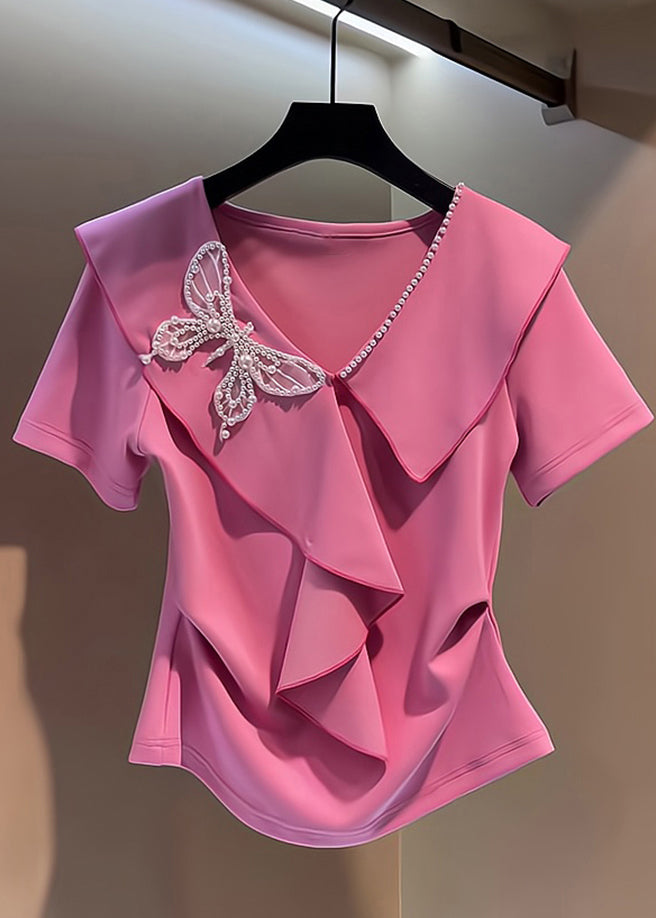 Cute Pink V Neck Embroidered Butterfly Nail Bead Top Short Sleeve UU1027 SH-LF-STP240526