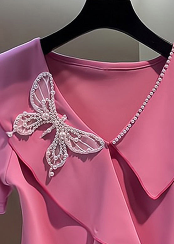 Cute Pink V Neck Embroidered Butterfly Nail Bead Top Short Sleeve UU1027 SH-LF-STP240526