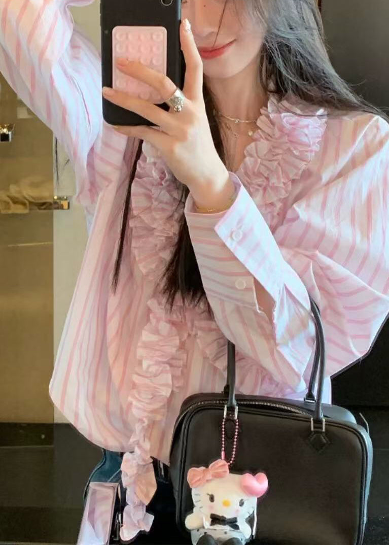 Pink Spring V Shirts Ruffled Cute Striped Neck FashionChic