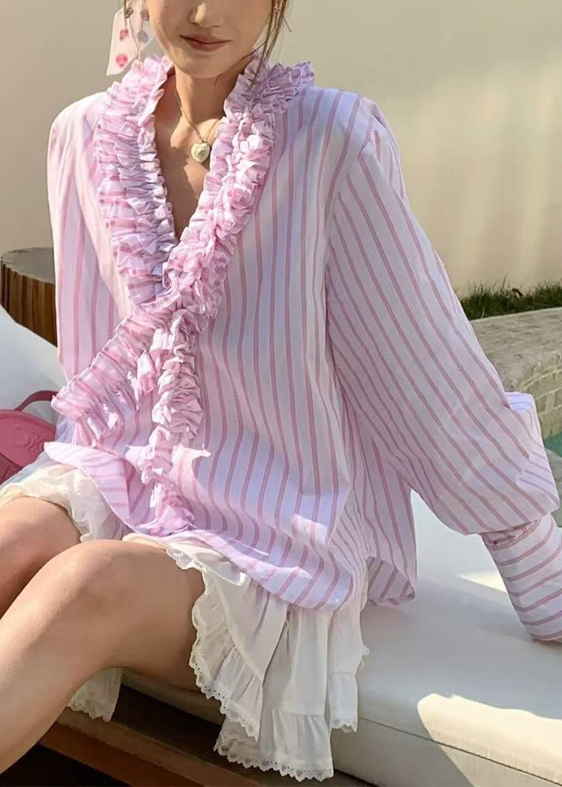 Pink Spring V Shirts Ruffled Cute Striped Neck FashionChic