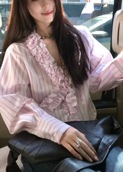 Pink Spring V Shirts Ruffled Cute Striped Neck FashionChic