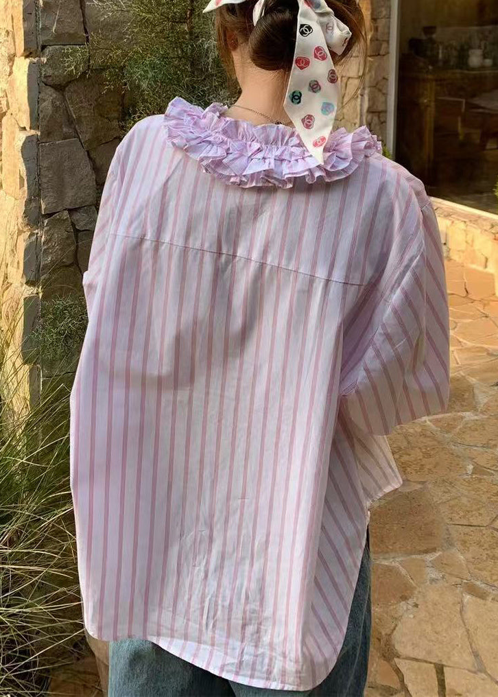 Pink Spring V Shirts Ruffled Cute Striped Neck FashionChic
