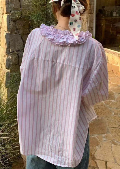 Pink Spring V Shirts Ruffled Cute Striped Neck FashionChic