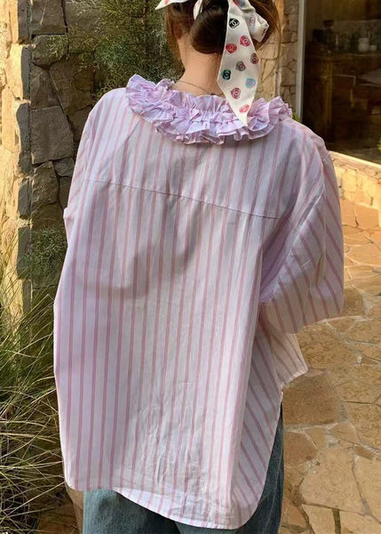 Pink Spring V Shirts Ruffled Cute Striped Neck FashionChic