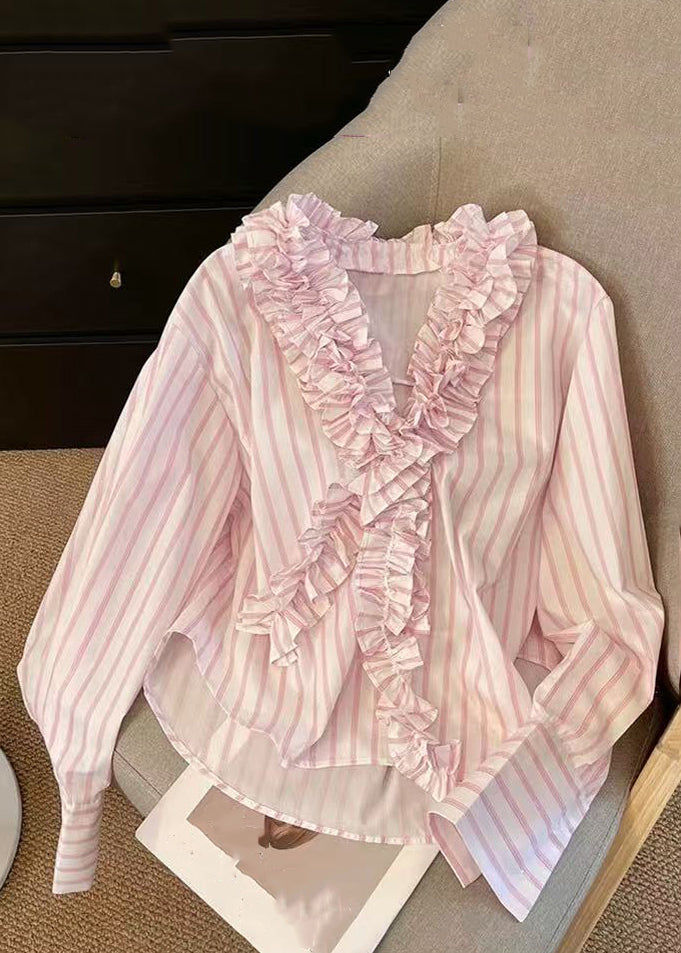 Pink Spring V Shirts Ruffled Cute Striped Neck FashionChic