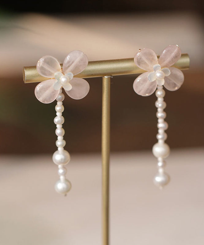 Cute Pink Weave Crystal Pearl Tassel Drop Earrings QI054 JEW-EAR240928