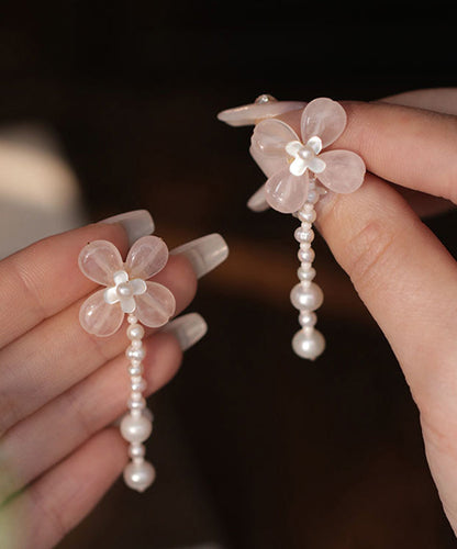 Cute Pink Weave Crystal Pearl Tassel Drop Earrings QI054 JEW-EAR240928