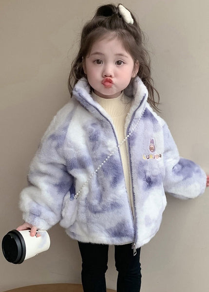 Cute Purple Stand Collar Embroideried Zippered Kids Mink Velvet Coats WinterTG028