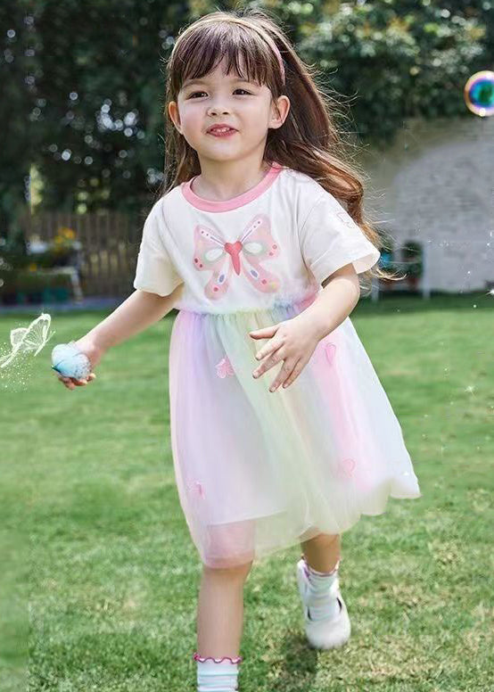 Cute Rainbow Print Tulle Patchwork Cotton Girls Dress Summer EW049 WS-RCTZSDGM240809