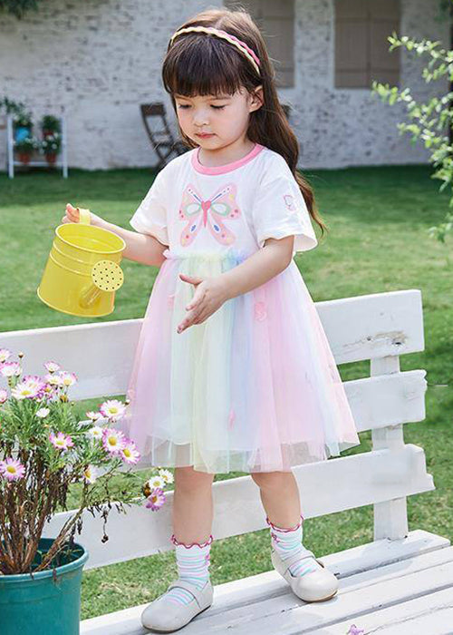Cute Rainbow Print Tulle Patchwork Cotton Girls Dress Summer EW049 WS-RCTZSDGM240809