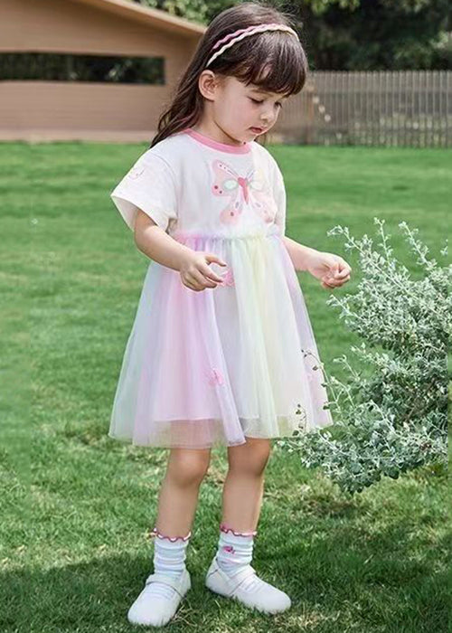 Cute Rainbow Print Tulle Patchwork Cotton Girls Dress Summer EW049 WS-RCTZSDGM240809