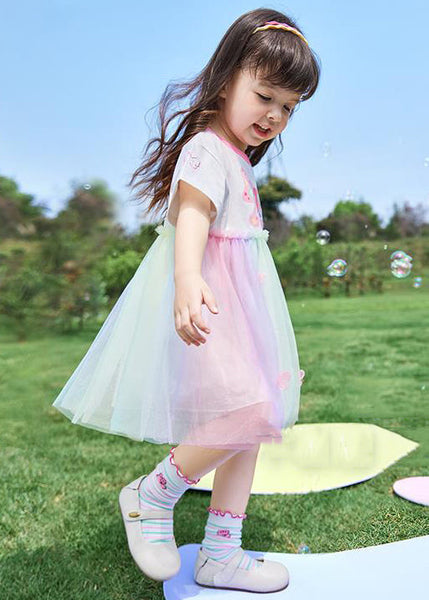 Cute Rainbow Print Tulle Patchwork Cotton Girls Dress Summer EW049 WS-RCTZSDGM240809