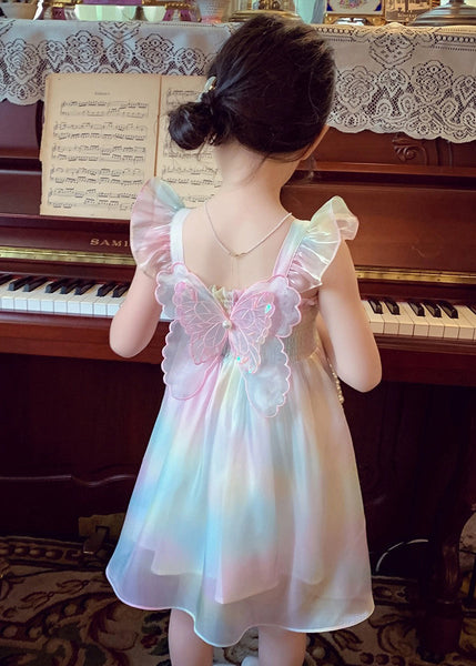 Cute Rainbow Wrinkled Bow Pearl Tulle Girls Maxi Dresses Sleeveless XZ034 SDGL240618