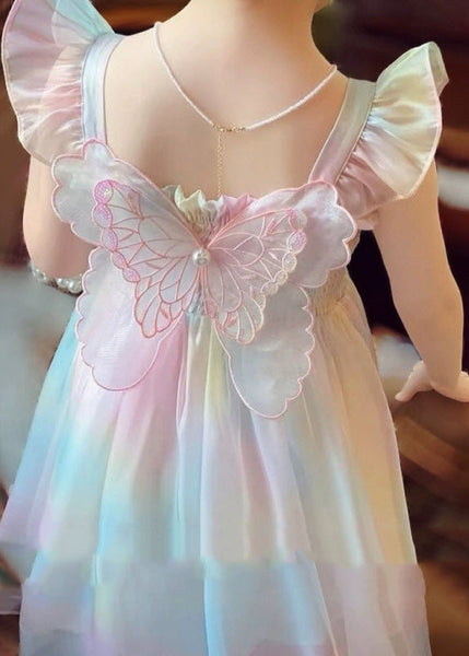 Cute Rainbow Wrinkled Bow Pearl Tulle Girls Maxi Dresses Sleeveless XZ034 SDGL240618