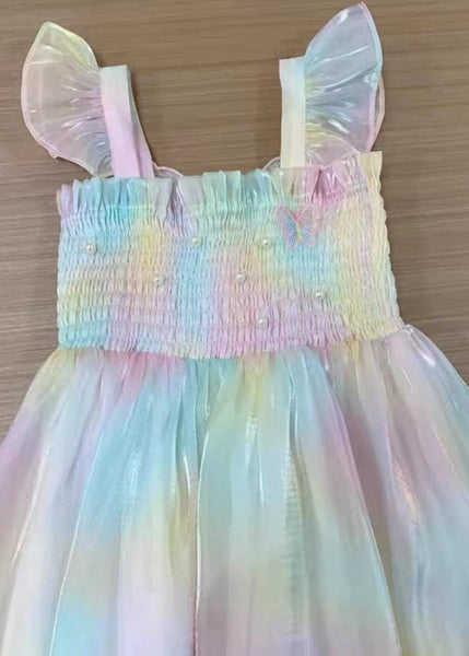 Cute Rainbow Wrinkled Bow Pearl Tulle Girls Maxi Dresses Sleeveless XZ034 SDGL240618