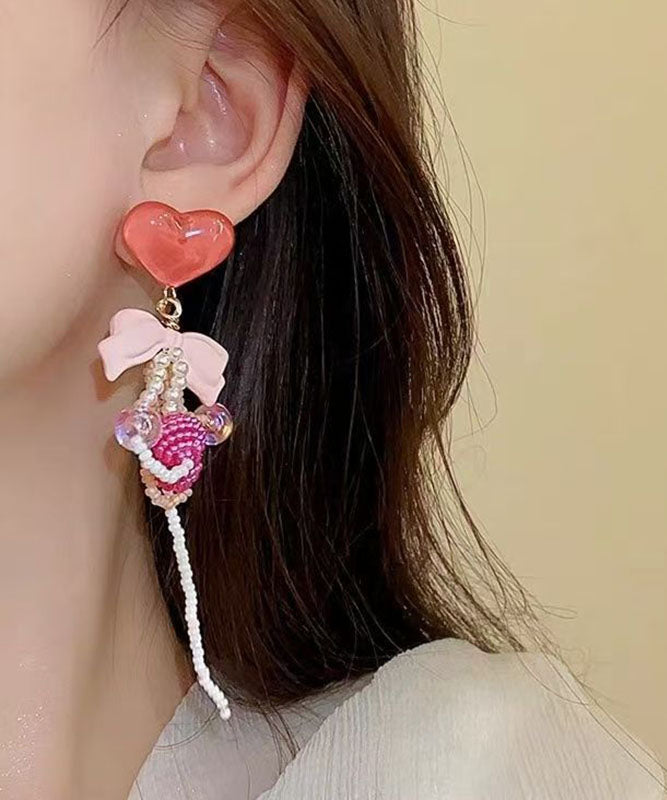 Cute Red Alloy Acrylic Resin Coloured Glaze Floral Tassel Drop Earrings QZ005 JEW-EAR241023